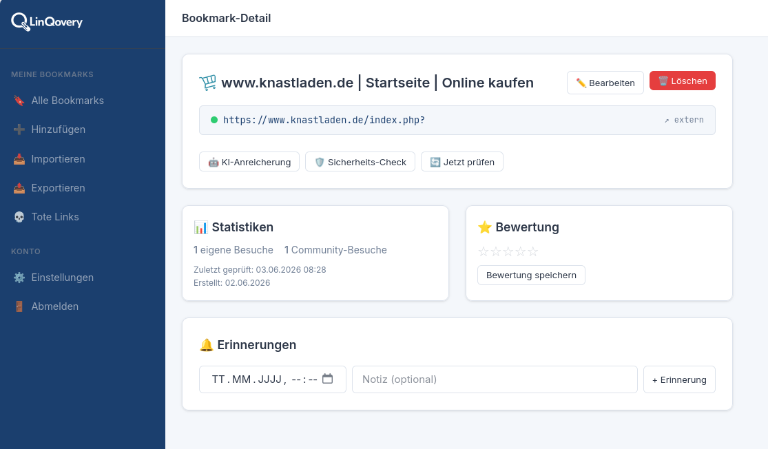 Screenshot einer Bookmark-Detailseite in LinQovery